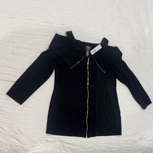 Chicos Travelers Black Off-Shoulder top with Gold Zipper